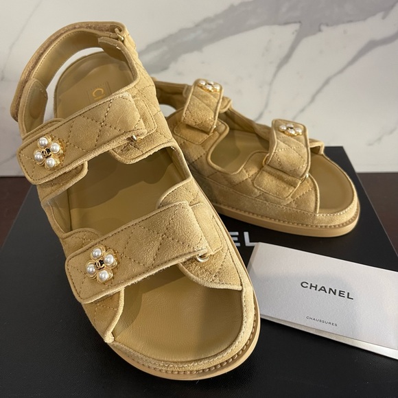 CHANEL | Shoes | New Season Chanel Dad Sandals Beige Quilted Suede With  Pearl Cc Flower Detail | Poshmark